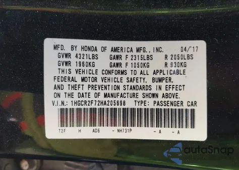 2017 Honda Accord Ex z USA, uszkodzony, nr VIN 1HGCR2F72HA205698